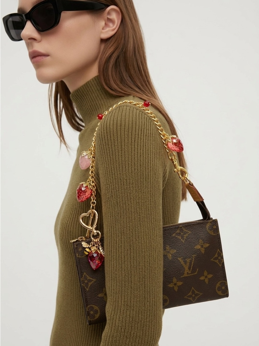 Louis Vuitton Monogram Bucket PM w/ Strawberry Charm Shoulder & Crossbody strap
